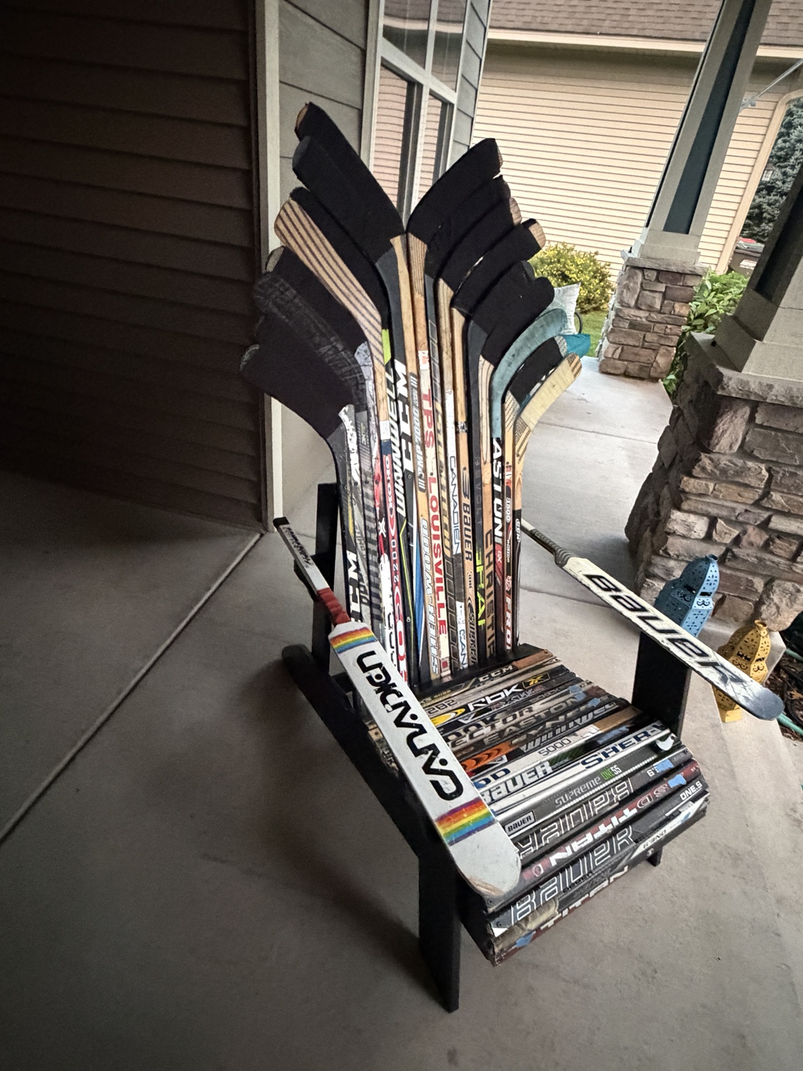 Angled view of the hockey stick chair